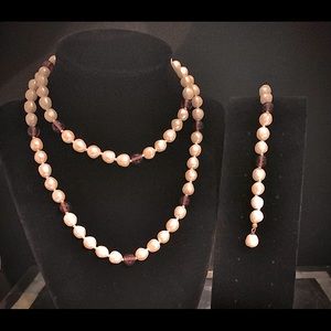 Faux pearl and amethyst necklace and bracelet set